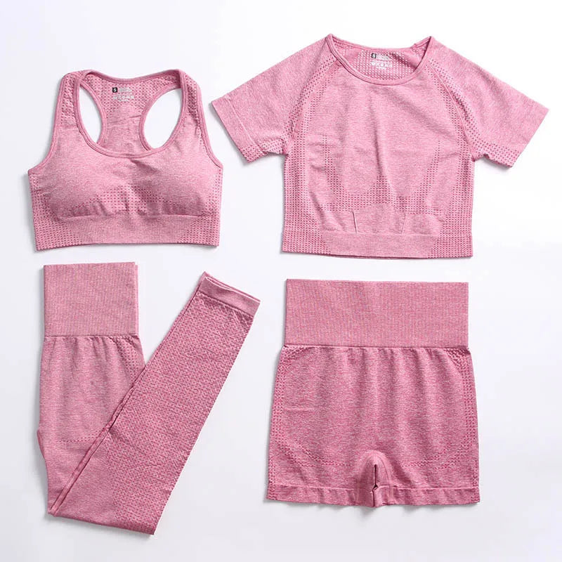 2/4PCS Summer Seamless Yoga Set Women Workout Clothes Sports Bra Short Sleeve Crop Top High Waist Legging Fitness Sports Suits.