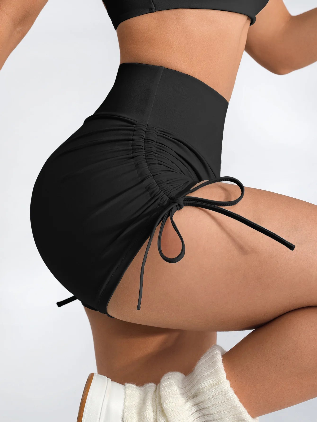 Women's High-Waisted Ruching Yoga Shorts Tight Workout Running Gym Shorts with Tie Detail Summer Fitness Stretch Activewear.