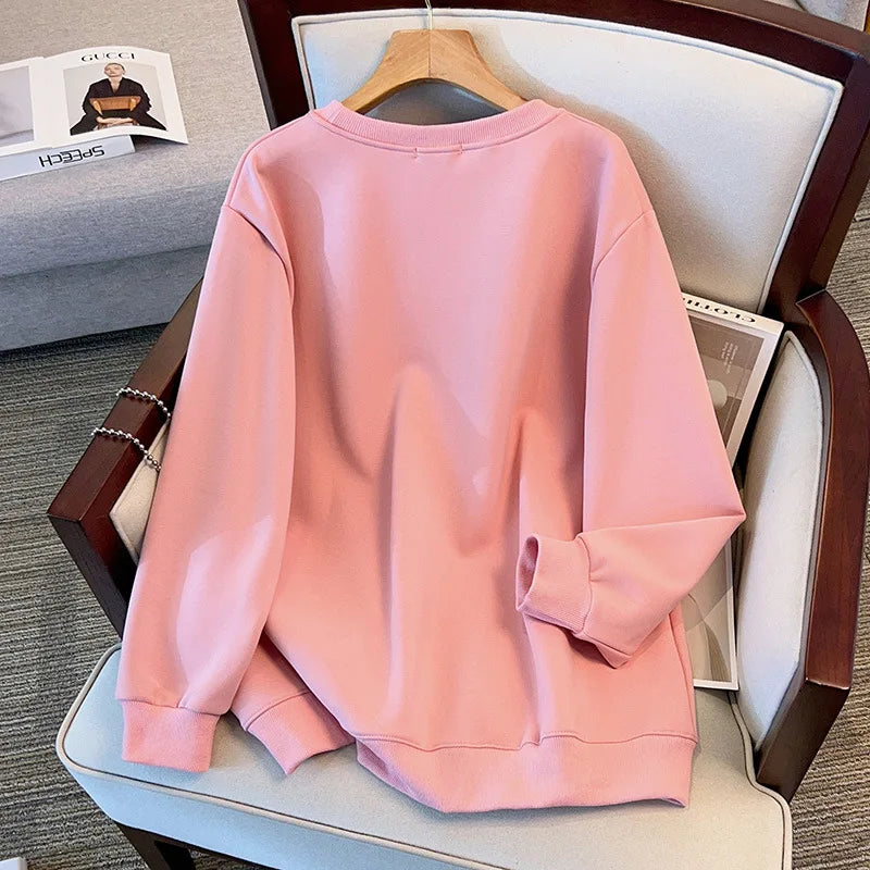 175 kg Übergröße Damen Büste 170 Frühling Winter Lose Rundhals Langarm Bedrucktes Sweatshirt Schwarz Rosa 5XL 6XL 7XL 8XL 9XL.