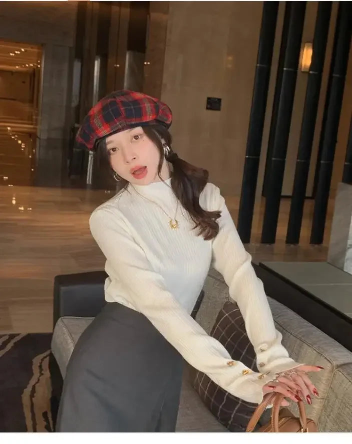 2025, weibliche Casual Tops Pullover Frauen Herbst Winter Gestrickte Dünne Pullover Feste Taste Volle Hülse Halb Hohen Kragen Pullover