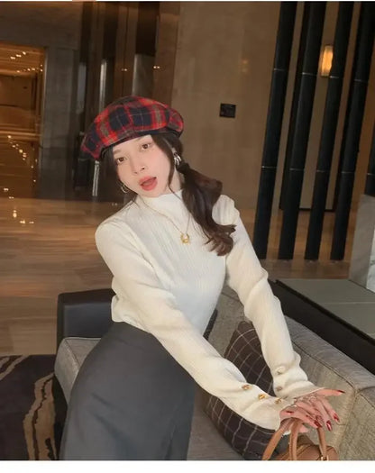 2025, weibliche Casual Tops Pullover Frauen Herbst Winter Gestrickte Dünne Pullover Feste Taste Volle Hülse Halb Hohen Kragen Pullover