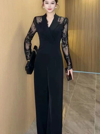 Luxury Elegant Lace Patchwork Black Jumpsuit Women Summer High Waist Long Sleeve Jumpsuits Combinaison Femme Overalls.