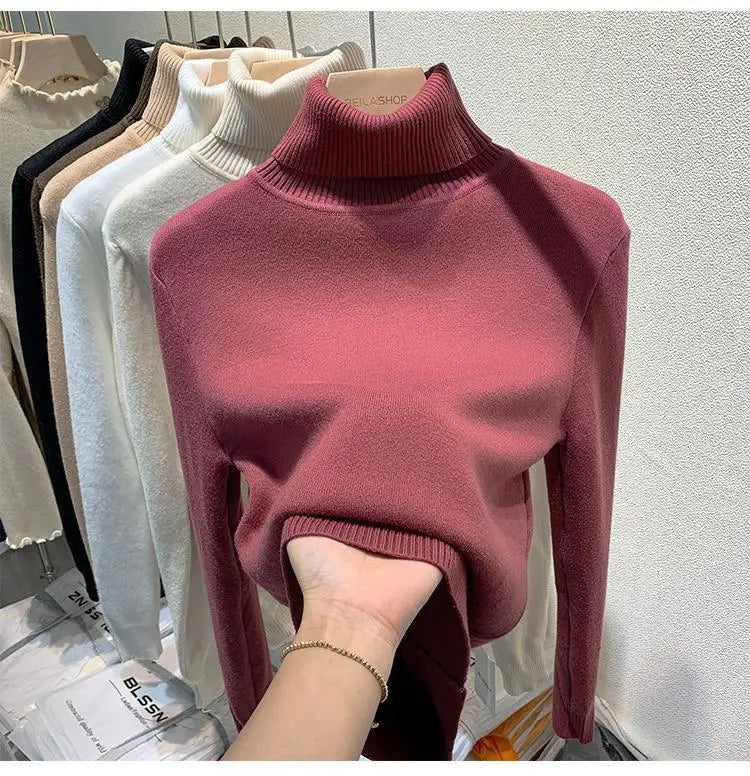 2025 neue Verdicken Hohe Kragen Pullover frauen Pullover Top Winter Warme und Weiche Einfarbig Inneren Tragen Bodenbildung Shirt.