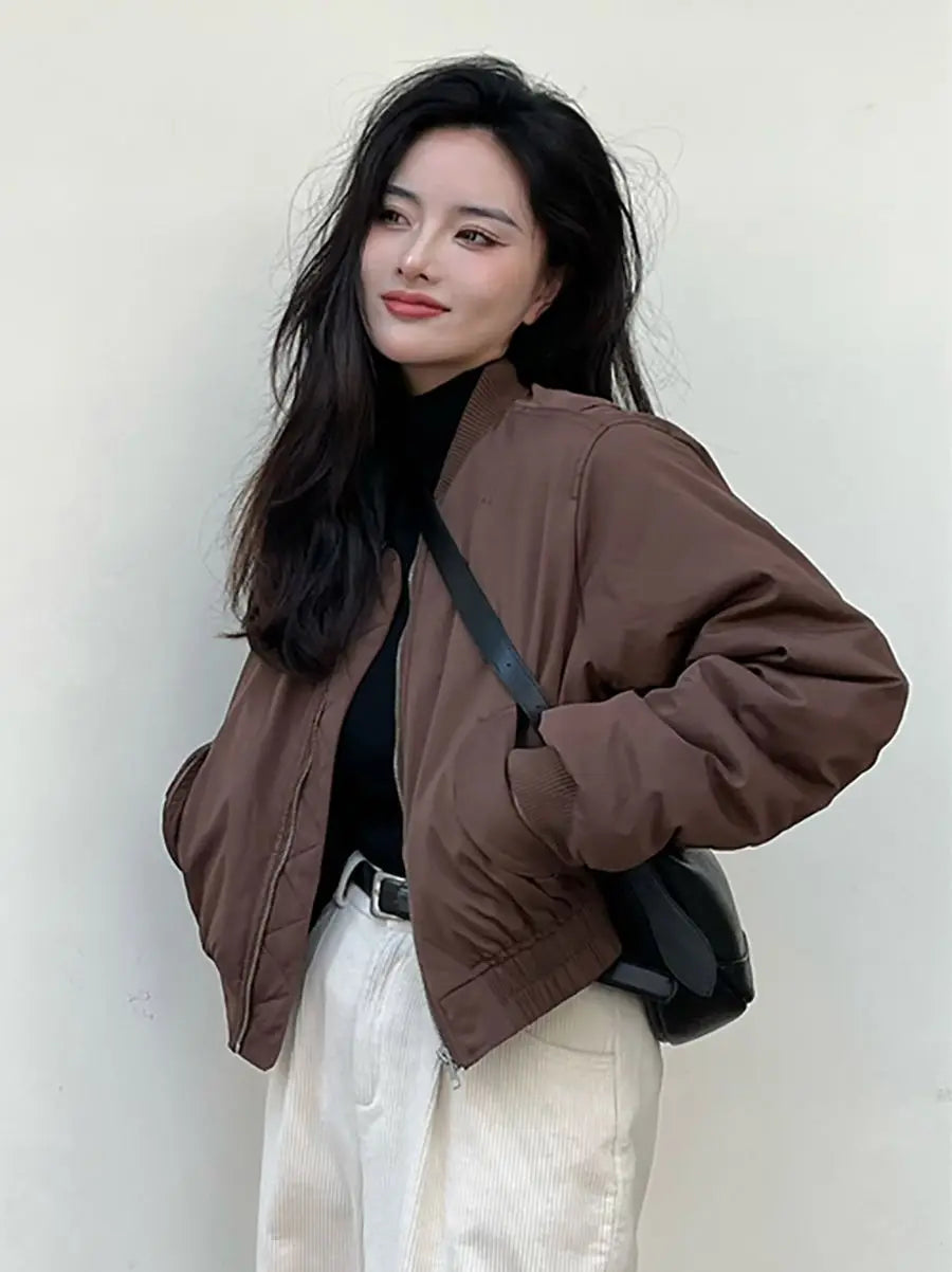 Damen-Bomberjacken, locker, einfarbig, kurz, Winter, braun, für Damen, Baseball-Fliegermäntel, günstige Angebote, neue Produkte, hübscher, schicker Luxus.