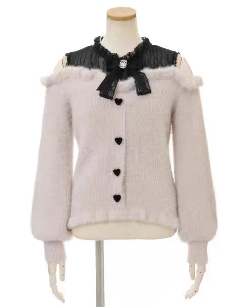 Liz-Pullover, japanische Massenproduktion, Herbst- und Winterwolle, schulterfrei, Spitze, schmaler kurzer Pullover, weicher, pelziger Strickpullover.