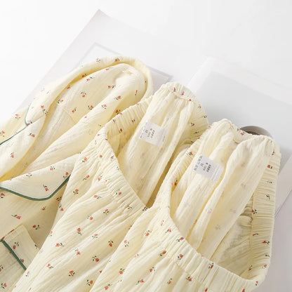 Pajamas pure cotton three-piece set spring and summer thin crepe autumn gauze lapel short-sleeved trousers shorts loungewear set