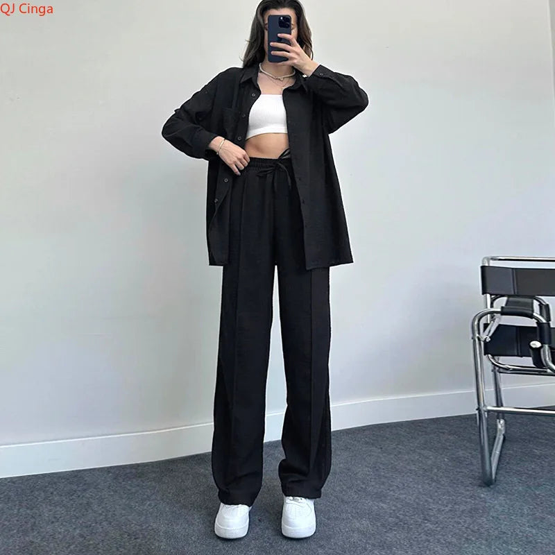 New Autumn Red Women Casual Two-piece Set, Features A Thin Long-sleeved Lapel Shirt Paired with Matching Drawstring Trousers..