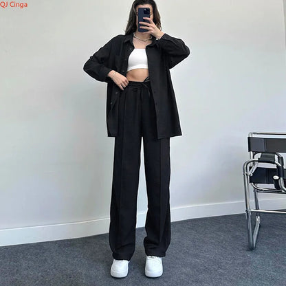 New Autumn Red Women Casual Two-piece Set, Features A Thin Long-sleeved Lapel Shirt Paired with Matching Drawstring Trousers..