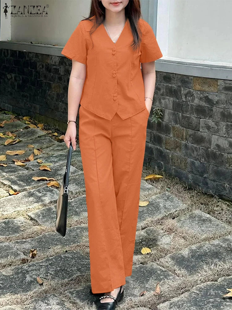 ZANZEA Fashion 2 Piece Sets Woman Elegant V-Neck Short Sleeve Shirts Wide Leg Pants 2pcs Suits Office Lady Commuting Pant Sets