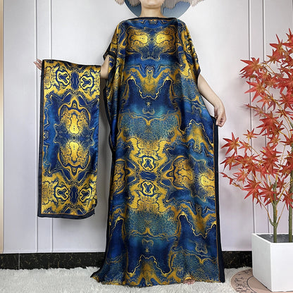 2024 New Dubai Summer Fashion For Women Printed Silk Soft Loose Femme Robe African Islam Maxi Woman Casual Dresses With Turban