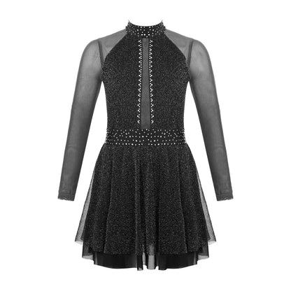 Kinder Mädchen Eiskunstlauf Kostüm Ballett lyrische Tanz gymnastik Trikot Kleid Langarm glänzend Mesh Performance Dance wear