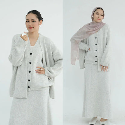 Winter Knitted Wool Cotton 3 Piece Abaya Set + Hijab Daily Thick Warm Modest Muslim Women Islamic Wholesale Suit Abaya.