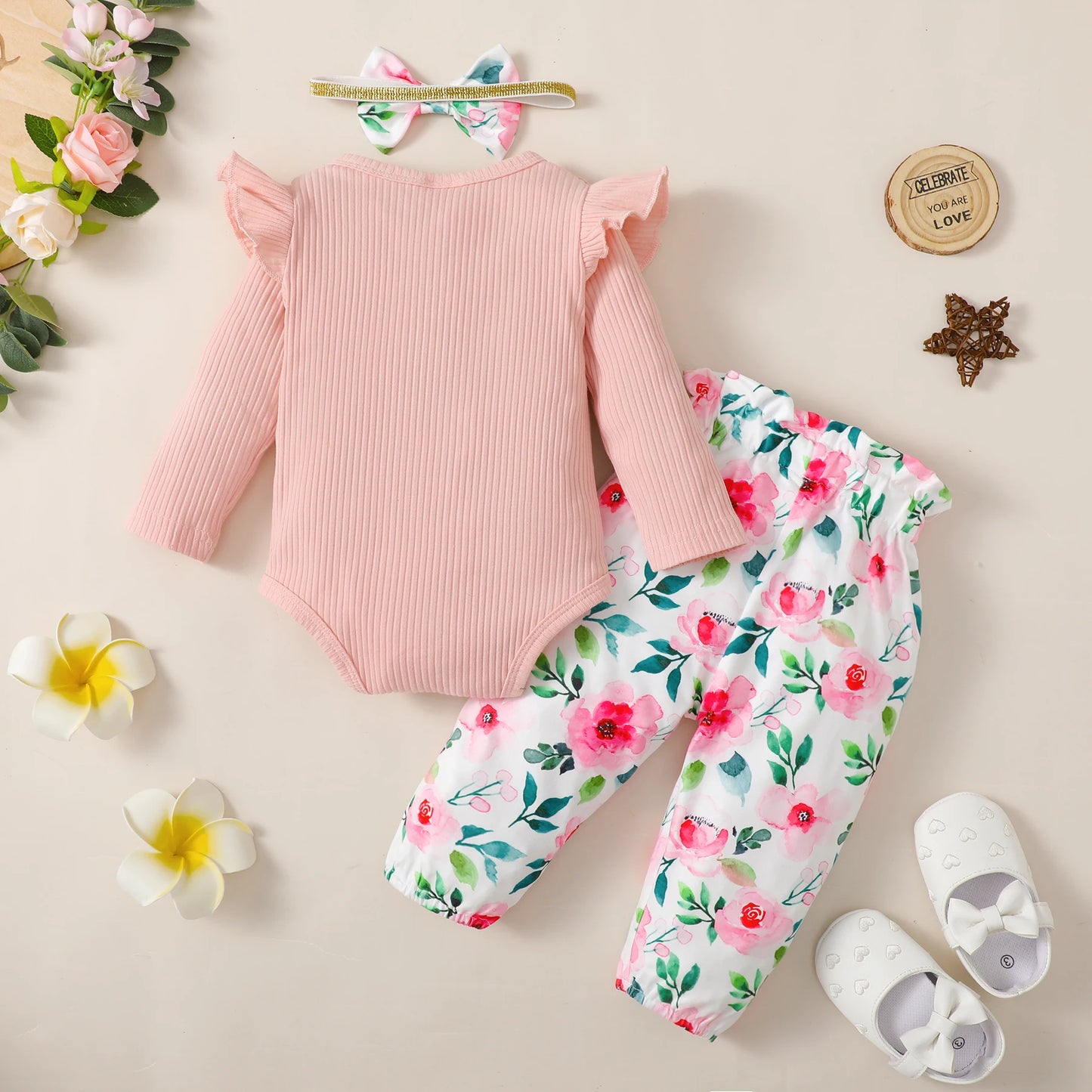 3PCS Baby Girl Clothes Set Long Sleeve Romper Top+Flowers Pant+Headband Spring&Autumn Lovely Outfit for Toddler Girl 0-18 Months.
