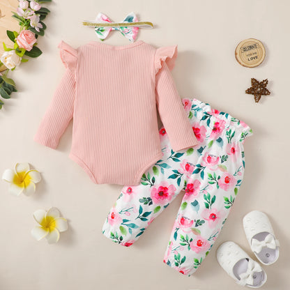 3PCS Baby Girl Clothes Set Long Sleeve Romper Top+Flowers Pant+Headband Spring&Autumn Lovely Outfit for Toddler Girl 0-18 Months.