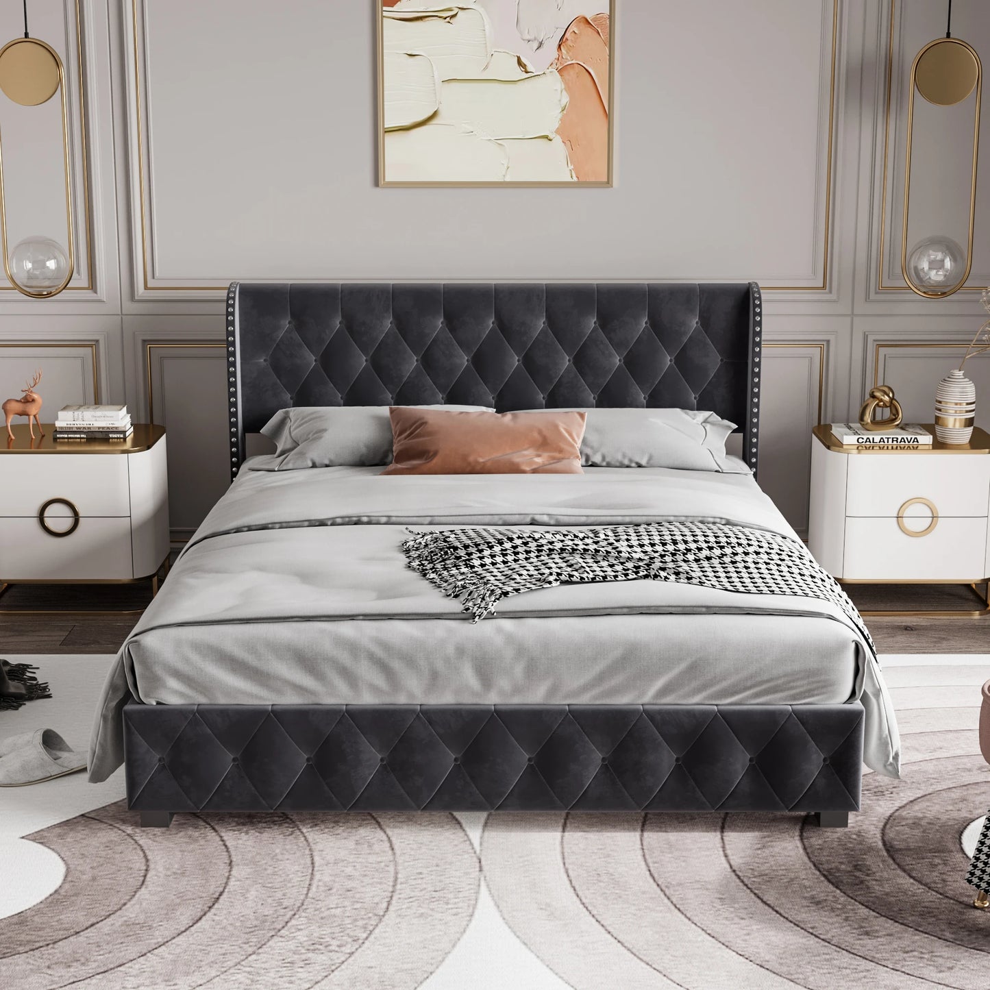 Rosahqnda Polsterbett 180 x 200 cm, hydraulisches Bett mit Aufbewahrungsfunktion, eleganter Bettrahmen im europäischen Stil, Erwachsene, Grau, Samt