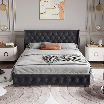 Rosahqnda Polsterbett 180 x 200 cm, hydraulisches Bett mit Aufbewahrungsfunktion, eleganter Bettrahmen im europäischen Stil, Erwachsene, Grau, Samt