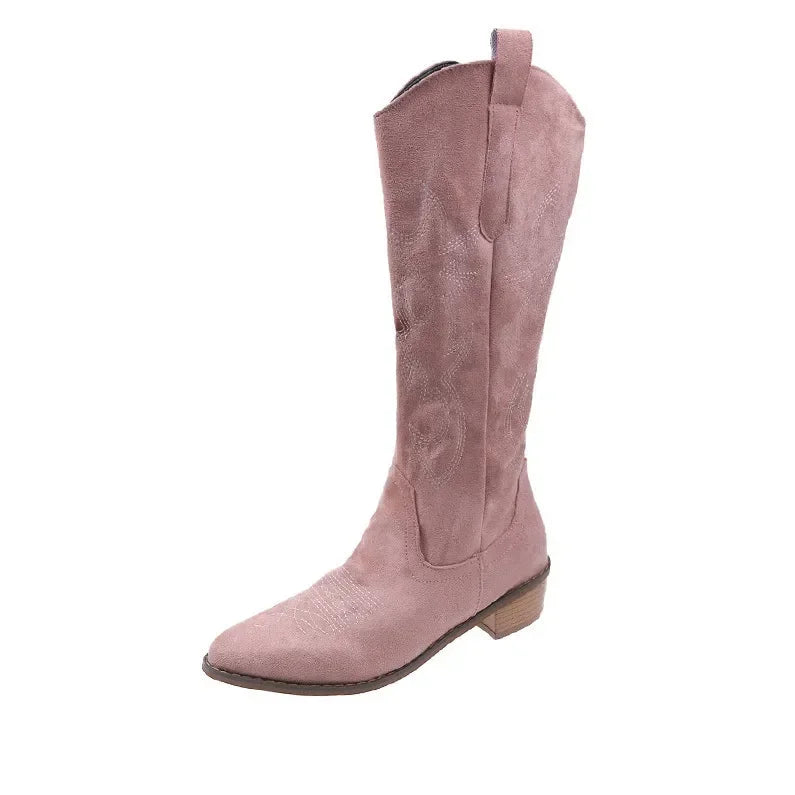 Embroidered Western Cowboy Boots for Women Autumn Pointed Toe Thick Heel High Knee Boots Woman Loose PU Leather Long Botas Mujer