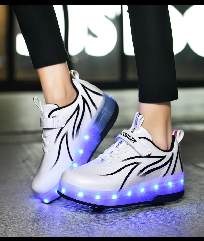 YUNICUS Led Light Boys Girls Shoe USB Charging Black Two Wheels Luminous Sneakers Roller Skate Shoes for Children Kids Led Shoes.