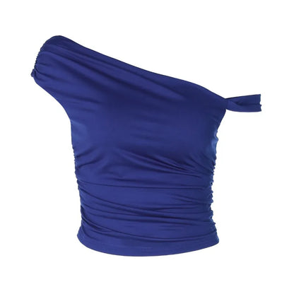 BOOFEENAA Asymmetrical One Shoulder Crop Tops Black Blue Sexy T Shirts for Woman Summer 2025 C95-BA13