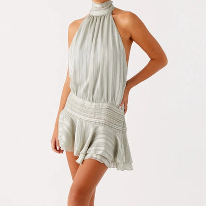 Frauen Sexy Halter Rüschen Mini Kleid Lace Up Backless Strand Party Kleider 2025, Sommer Mode Urlaub Dame Cocktail Vestidos.