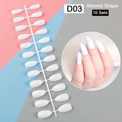 10 Sets/Pack Mixed Solid Colors Coffin Round Square Almond Shape False Nails Full Cover Nail Tips Short Fake Nails Tip Manicure