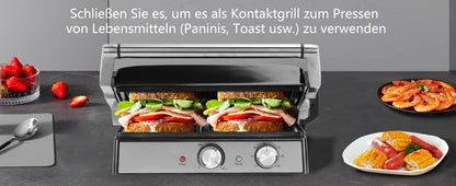 Aigostar contact grill, ceramic-coated, 30-minute timer. Panini grill and sandwich maker for sandwiches, steak, and toasters.