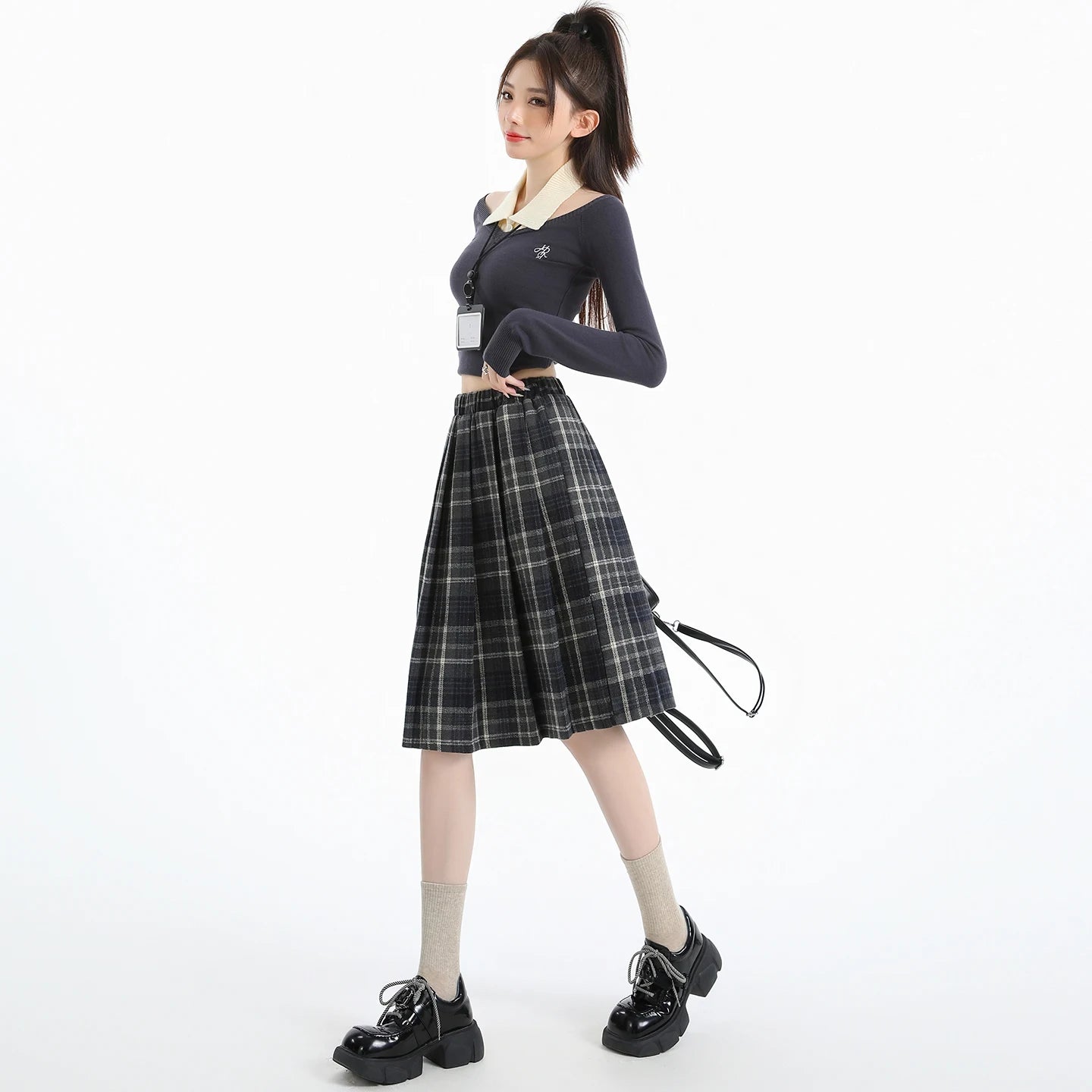 Preppy Style Woolen Pleated Plaid Skirt Women Fall Winter Retro Elastic High Waist Skirts Female Japanese A Line Faldas 2025 New.