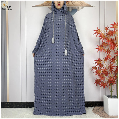 2024New Pure Cotton Ramadan Muslim Two-Hat Abaya Dubai Turkey Islam Prayer Clothes Loose Robe Islamic Women Traditional Clothing.