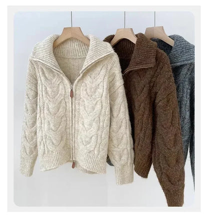 Women Autumn Winter New Lazy Style Loose Knitted Cardigan Retro Solid Color Double Zipper Turn-down Collar Sweater New Women Top.