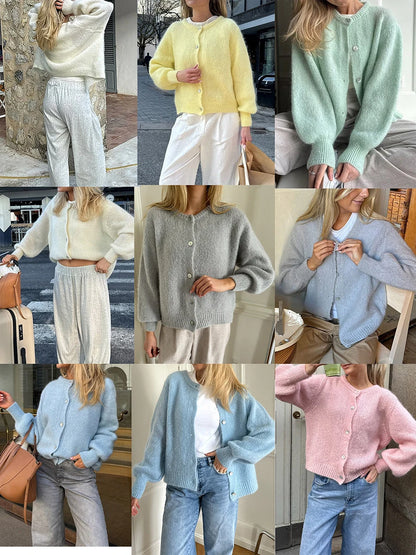 Women Solid Knitted Single Breasted Cardigan O-neck Long Sleeve Loose Soft Sweater 2024 Autumn Lady Knitwear ﻿.