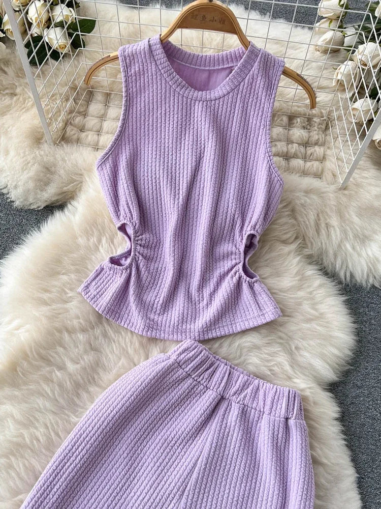 Korean Suits Women's Two Piece Set Summer Slim Fit Sleeveless O-neck Tops High Waist Slits Trousers Two-piece Suit Female D1109.