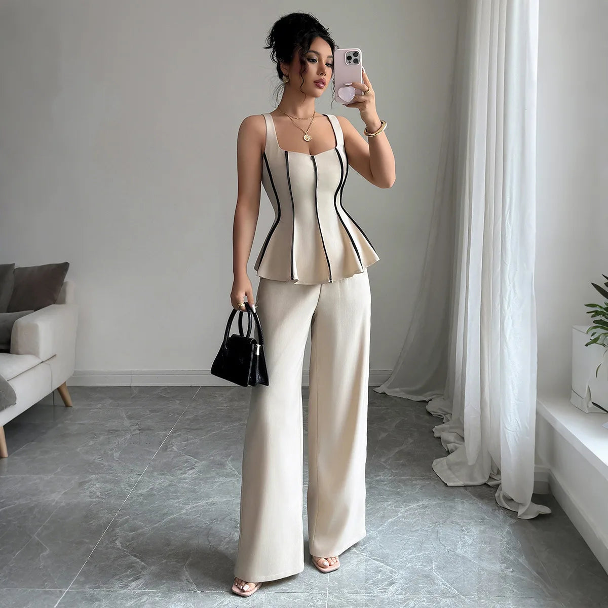 Two Piece Sets Women Pant Set Sleeveless Matching Sets Ruffles Tops Y2k Streetwear Elegant Work Wide Leg Long Pants High Waist.