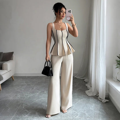 Two Piece Sets Women Pant Set Sleeveless Matching Sets Ruffles Tops Y2k Streetwear Elegant Work Wide Leg Long Pants High Waist.