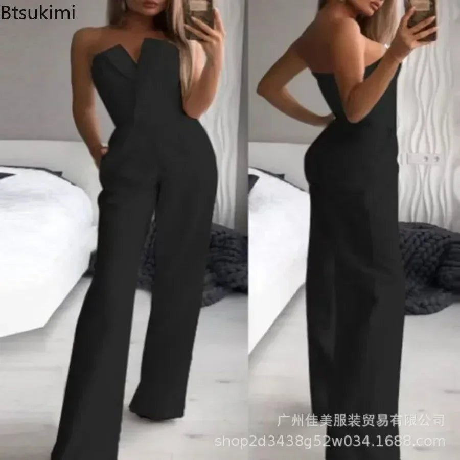 2025 Women's Elegant Jumpsuits Solid Off Shoulder Sexy Club Jumpsuit Female Sleeveless High Waist Slim Wide Leg Jumpsuit Pants.