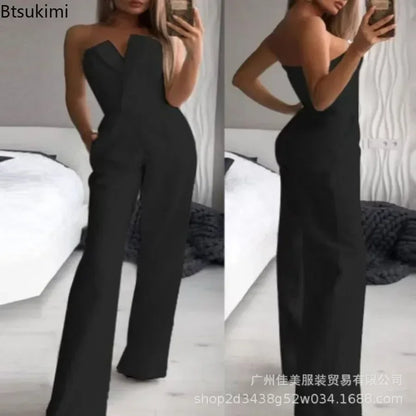 2025 Women's Elegant Jumpsuits Solid Off Shoulder Sexy Club Jumpsuit Female Sleeveless High Waist Slim Wide Leg Jumpsuit Pants.