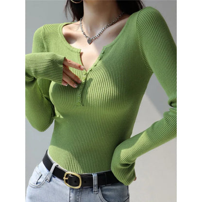 2026 weibliche Casual Tops Pullover Warme V-ausschnitt Frauen Herbst Winter Gestrickte Dünne Pullover Feste Taste Volle Hülse Pullover.
