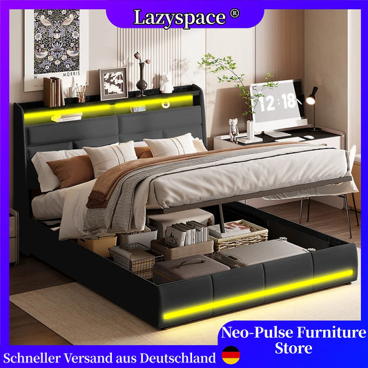 Lazyspace hydraulische Doppelbetten, modernes PU-Bettgestell mit Stauraum, gepolsterte Betten mit LED-Leuchten, Schlafzimmermöbel für Zuhause
