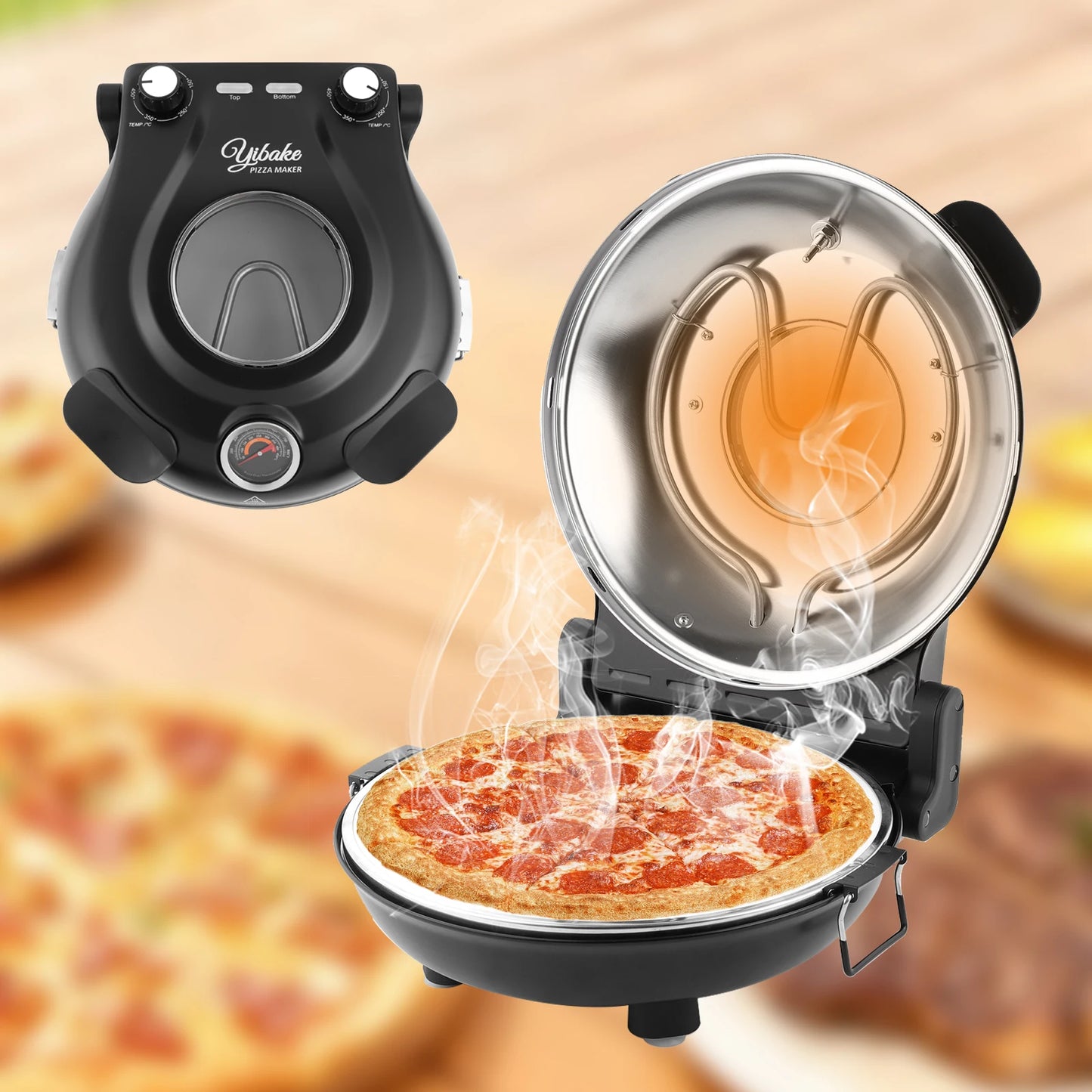 YIBAKE 12-Zoll-Elektro-Pizzaofen für den Innenbereich, antihaftbeschichtet, Keramikstein, erhitzt bis zu 420 ℃   für köstliches gebackenes Pizzeria-Set