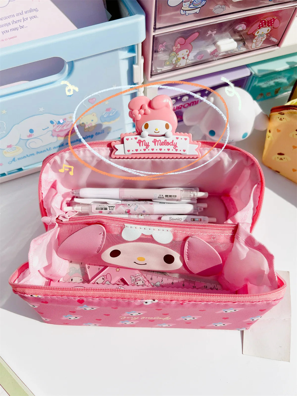 Sanrio Cinnamoroll Federmäppchen mit großem Fassungsvermögen, Hello Kitty Kuromi Melody, Kosmetiktaschen, Schreibwarentasche, Stiftbox, Schulbedarf.