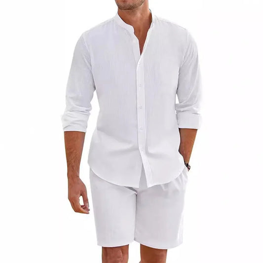 2 pcs Sets Men's Summer Cotton Linen Shirt and Shorts Cardigan Simple Casual Beach Shirts Comfortable Hawaii Wear.