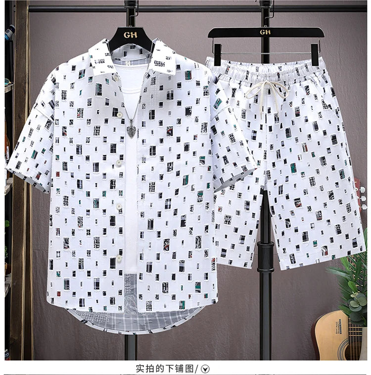 Men Summer 2 Pieces Set Tracksuit Men's Shirt Shorts Harajuku Streetwear Oversized Men Sets Short Outfits Suits.