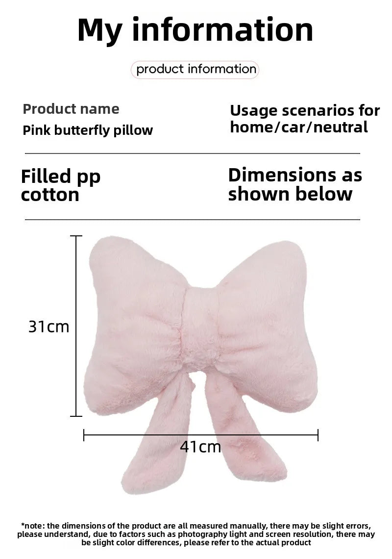 Pink bow ribbon couch pillow imitation rabbit fur comfortable car seat cushion ins style simple all-match back cushion.