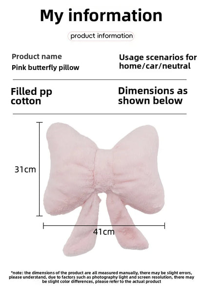Pink bow ribbon couch pillow imitation rabbit fur comfortable car seat cushion ins style simple all-match back cushion.
