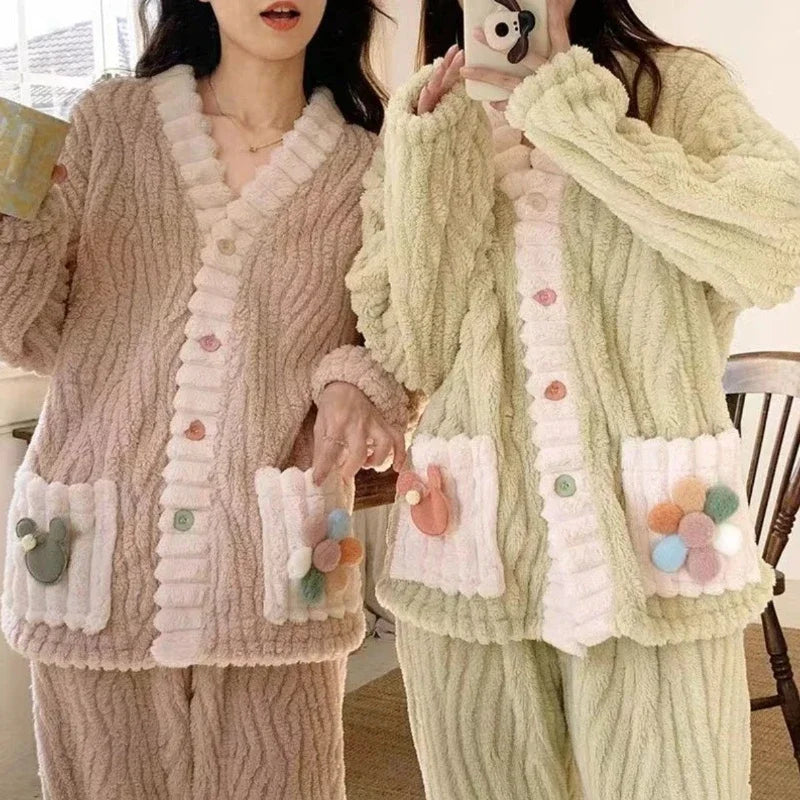 Verdickte Warme Flanell Frauen Nachtwäsche Loungewear Strickjacke Anzug Winter Süße Kawaii Weiche Fee Wind Damen Pyjamas Homewear.