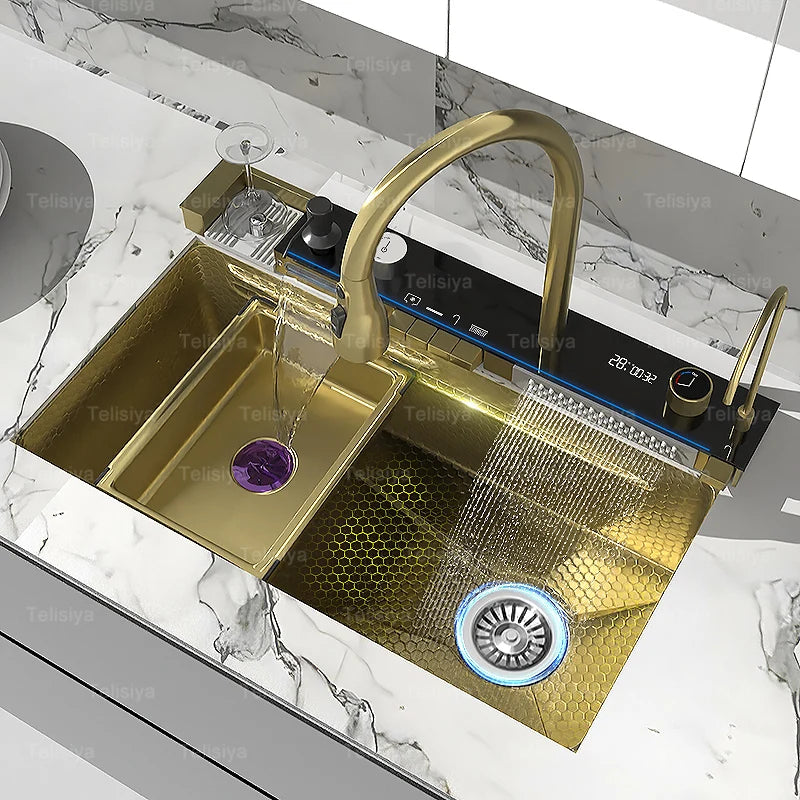 Edelstahl-Wasserfall-Küchenspüle, extra groß, Einzelschlitz, Digitalanzeige, Wasserhahn-Set, Tassenwaschbecken, Waschbecken, 100 x 50 cm