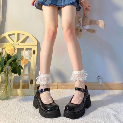Women Lolita Transparent Mesh Crew Socks Sweet Ruffled Lace Trim Bowknot Cute Love Heart Pattern Anime Princess Hosiery.