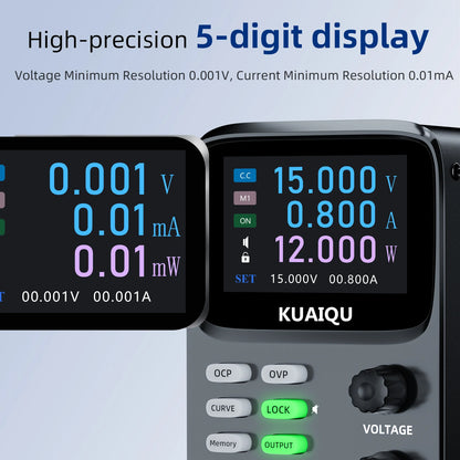 KUAIQU 5 Digits Programmable Adjustable Power Supply 30V 10A,Battery Simulation Tester,Real time Curve Display Voltage Current.