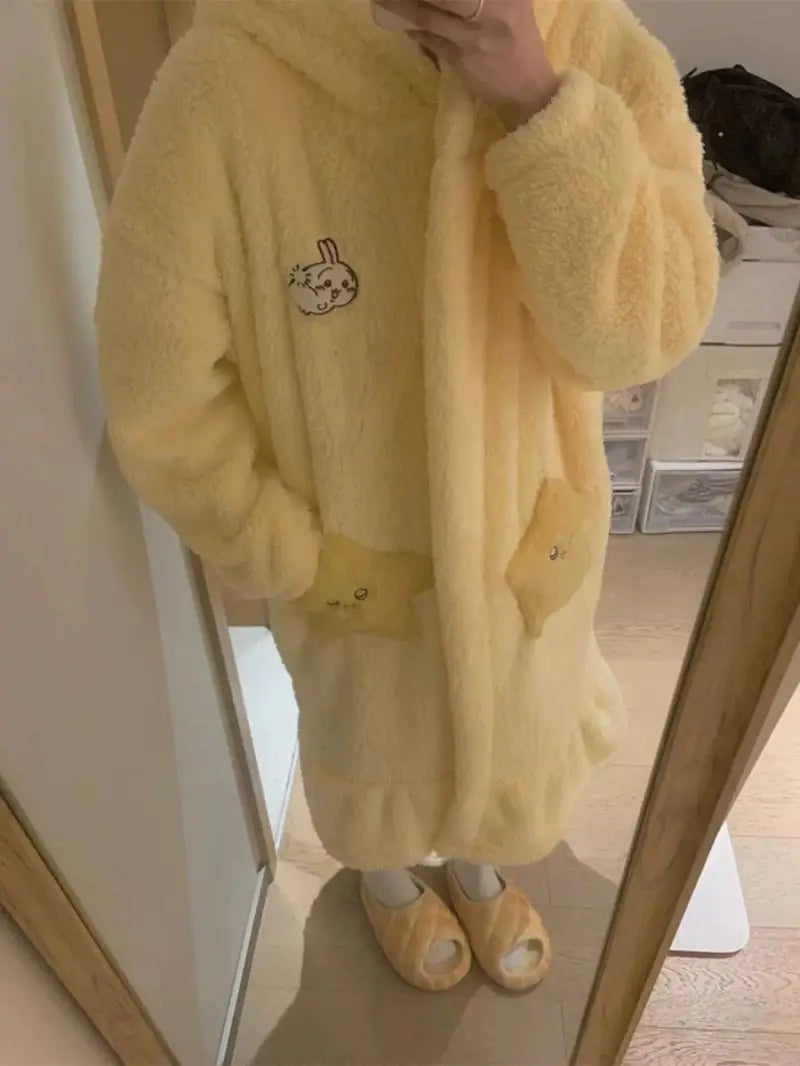 Kawaii Chiikawas Pajamas Coral Velvet Home Wear Long Length Nightgown Thick Cardigan Pant Cartoon Cute Girl Casual Home Clothing.