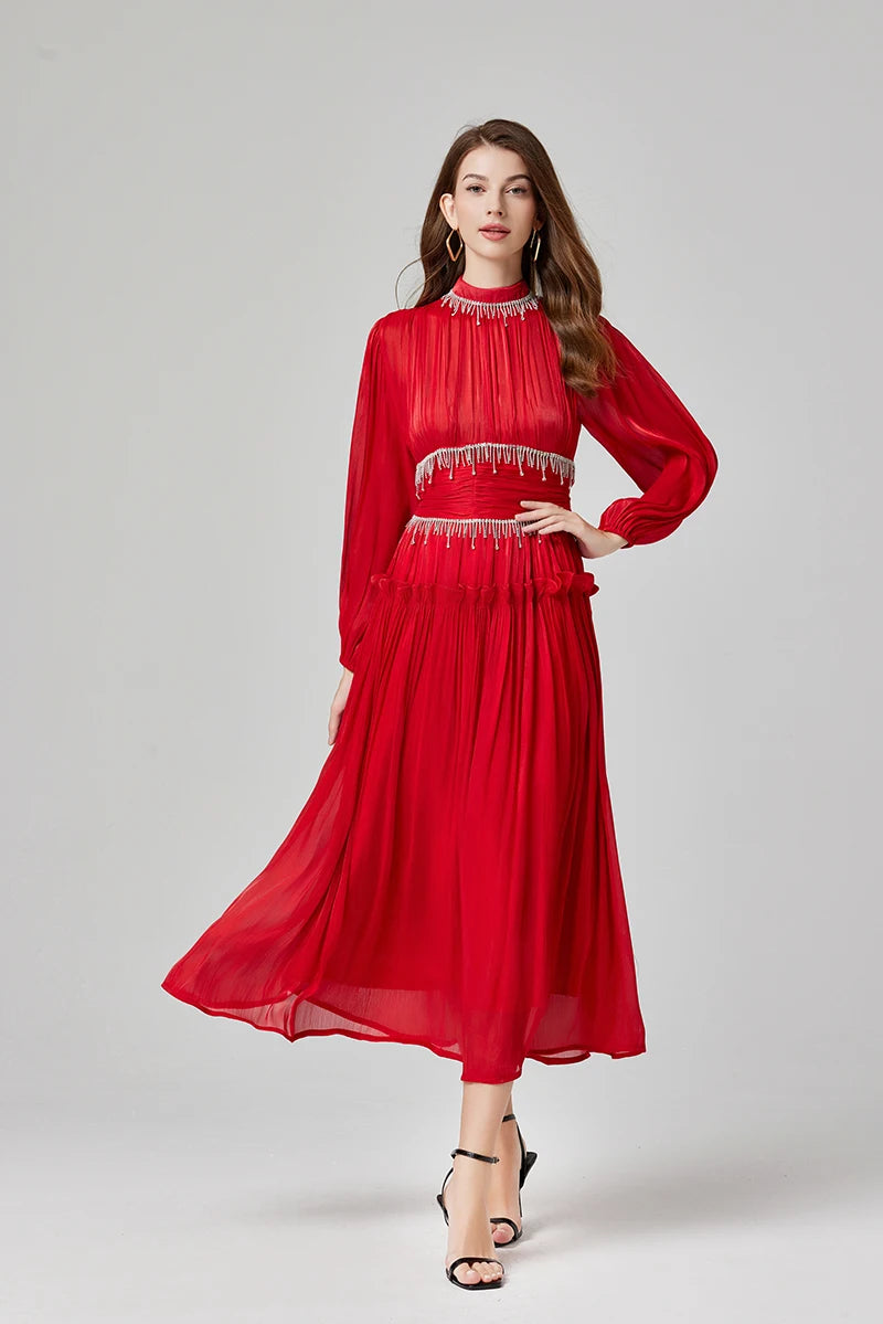 Französisch Luxus Kristall Perlen Quaste Glanz Roben Urlaub Frauen stehen Laterne Ärmel Rüschen plissiert formale Gelegenheit Ballkleid 622.