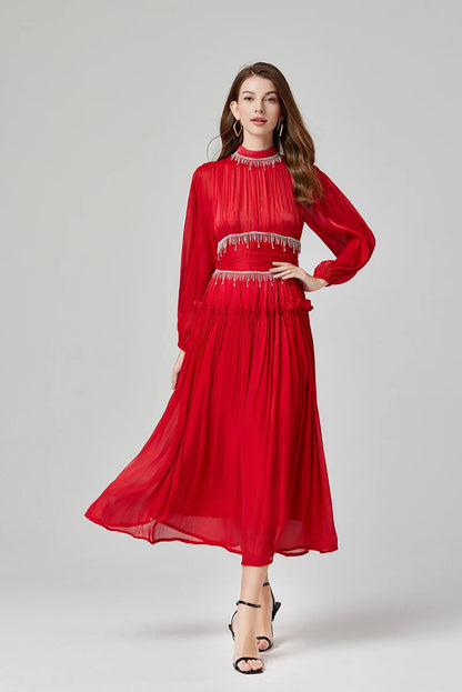 Französisch Luxus Kristall Perlen Quaste Glanz Roben Urlaub Frauen stehen Laterne Ärmel Rüschen plissiert formale Gelegenheit Ballkleid 622.